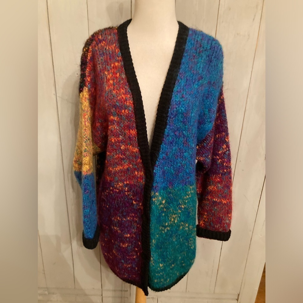 Vintage Carole Little Cardigan Sweater Textured Knit V-Neck Multicolor Womens L